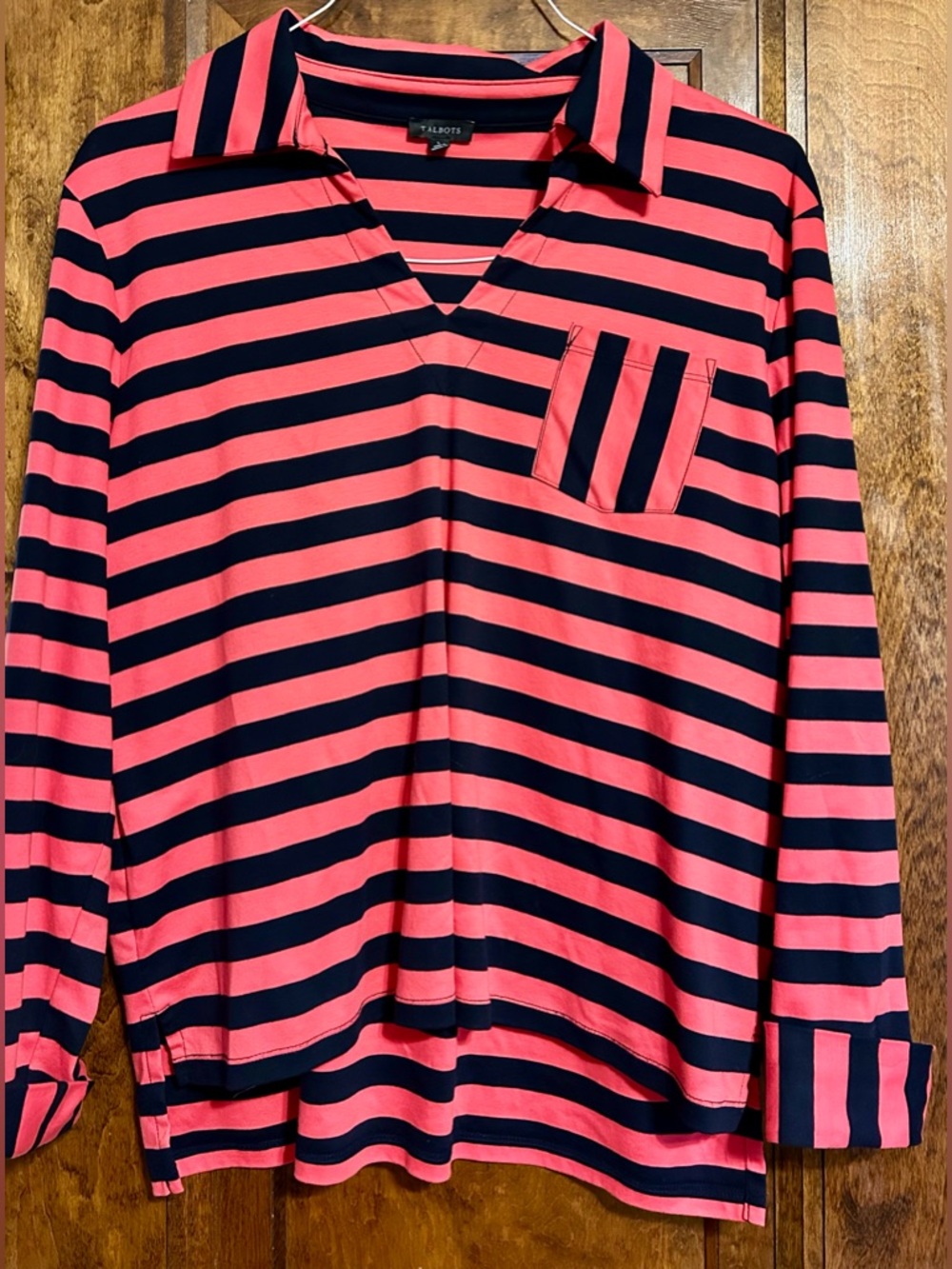 Talbots Coral and Navy Striped Long Sleeve Polo Top
